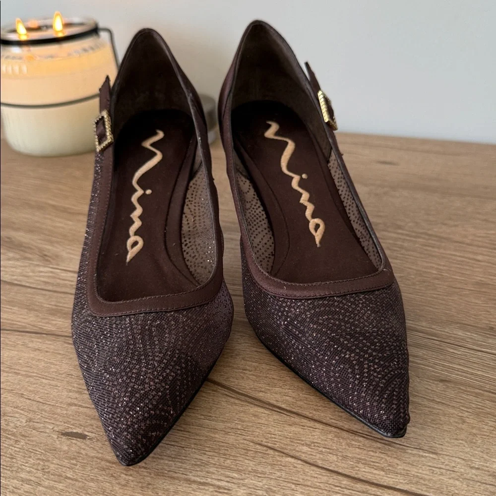 NINA Dark Brown Mesh Pointed 2.5” Heels w/tiny sequins, Size 5 - Picture 10 of 11